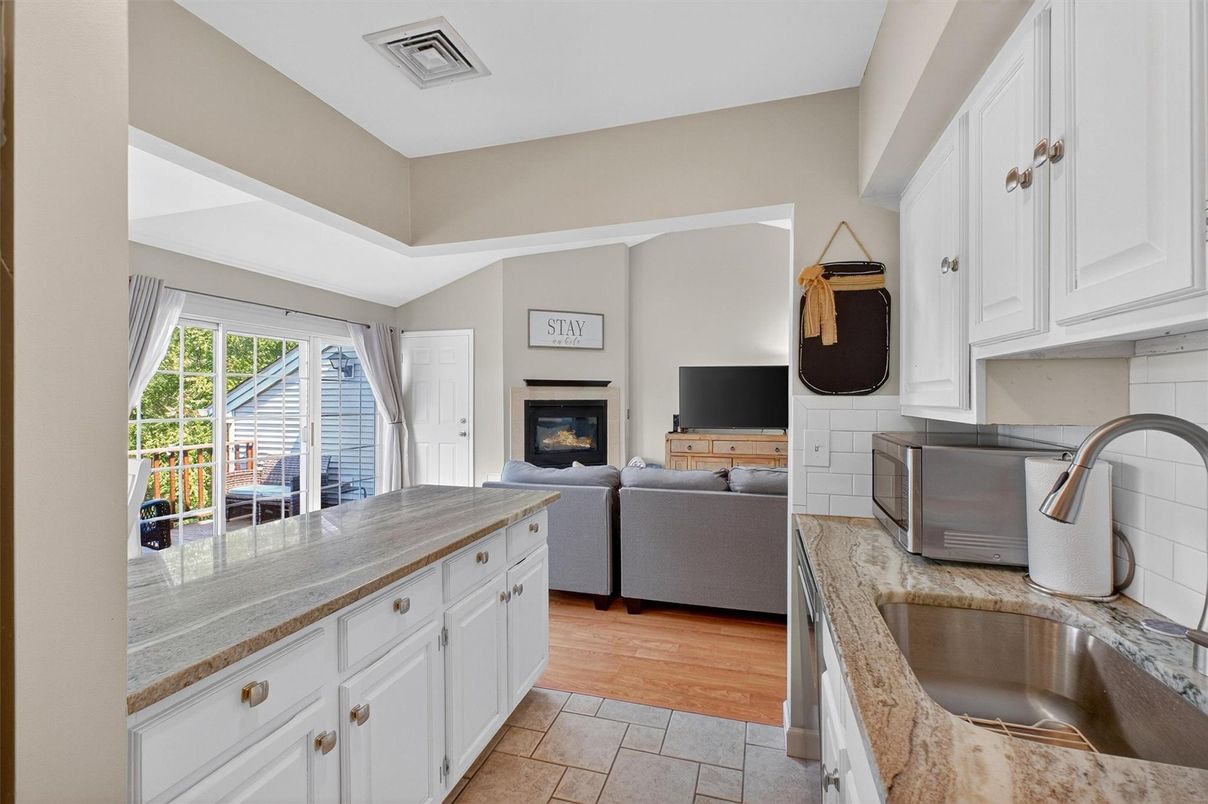 Fireplace, Interior, Kitchen, Living room, Wood Texture Flooring