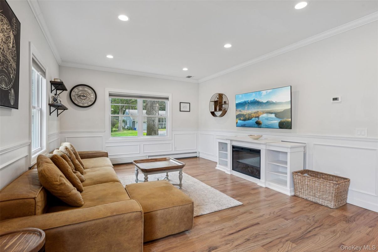 Fireplace, Interior, Living room, Recessed Lighting, Wood Texture Flooring