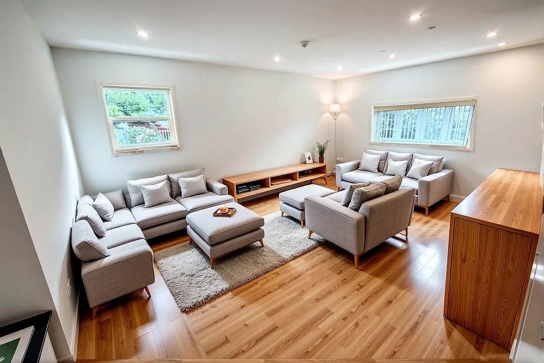 Interior, Living room, Recessed Lighting, Wood Texture Flooring