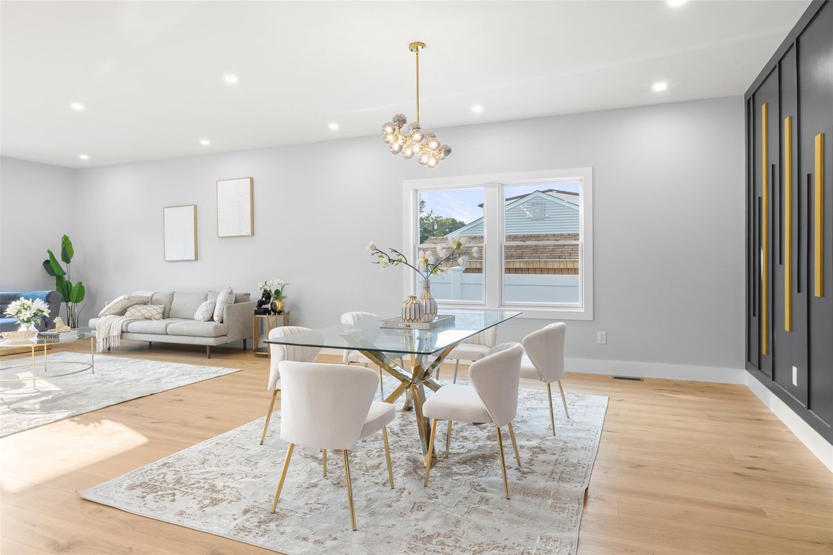 Dining room, Interior, Pendant Lights, Recessed Lighting, Wood Texture Flooring