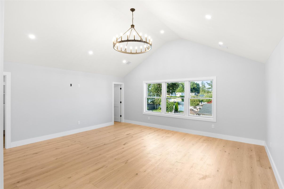 Chandelier, Empty room, Interior, Recessed Lighting, Wood Texture Flooring