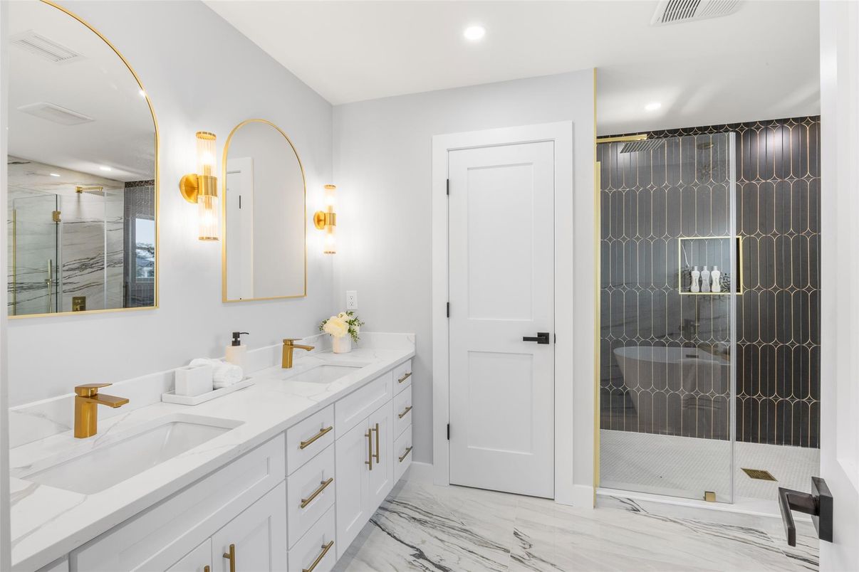Bathroom, Dual Sink Vanities, Glass Shower, Interior, Marble, Recessed Lighting