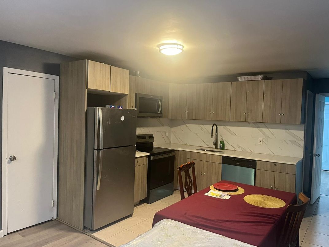 Dining room, Interior, Kitchen, Marble Walls, Stainless Steel Appliances, Wood Texture Flooring