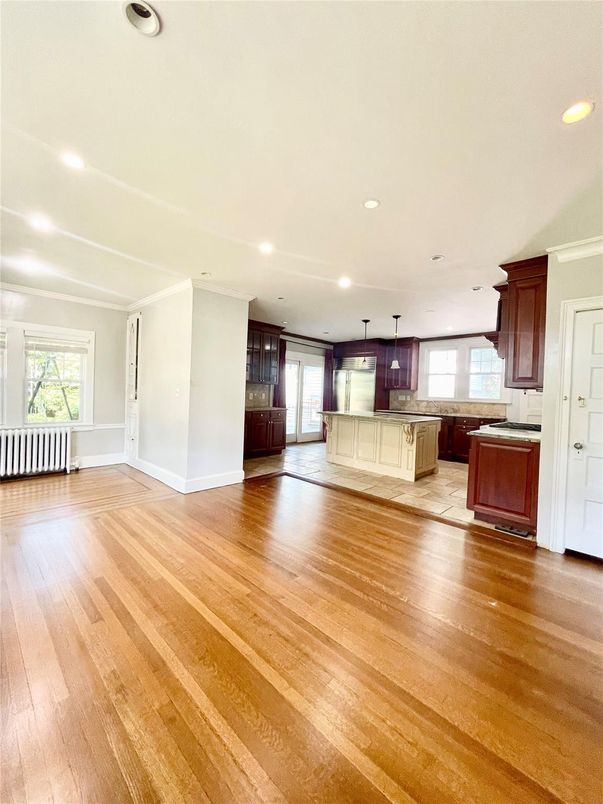 Empty room, Interior, Kitchen, Pendant Lights, Recessed Lighting, Wood Texture Flooring
