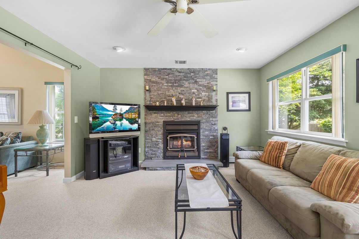 Fireplace, Interior, Living room, Recessed Lighting, Stone Walls