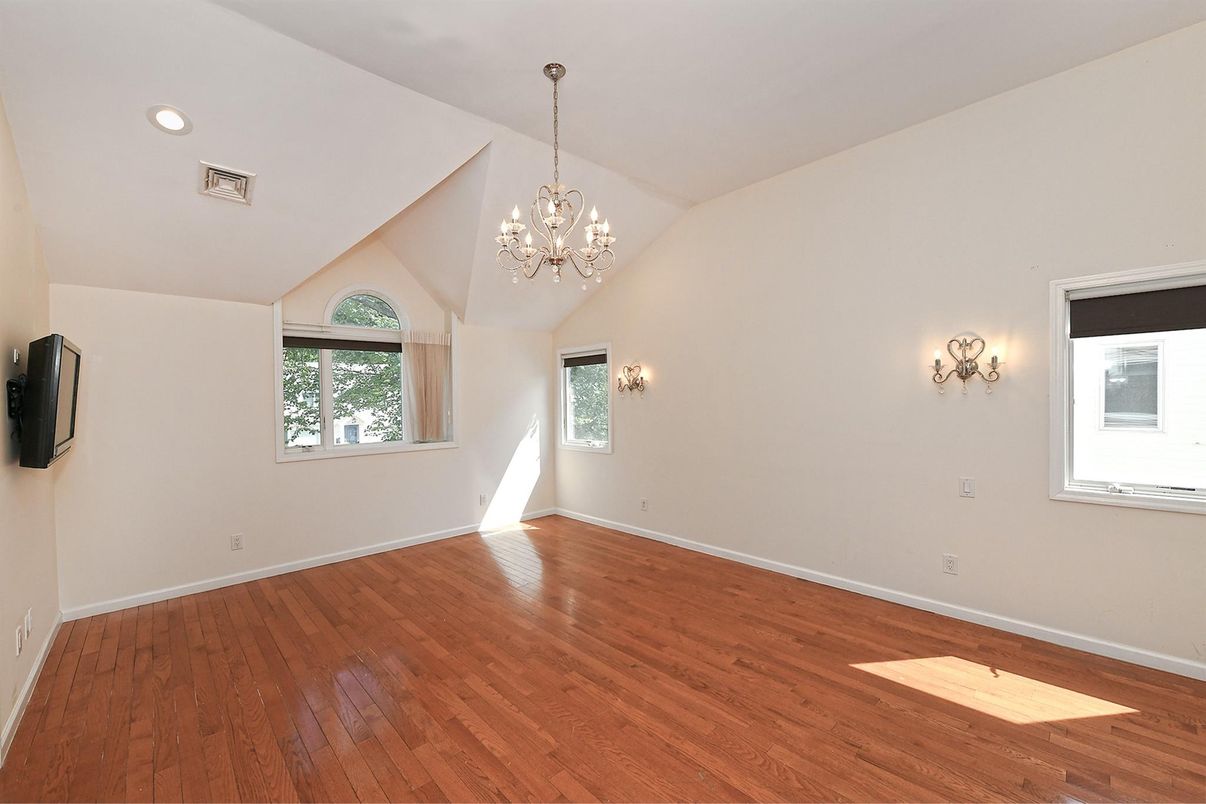 Chandelier, Empty room, Interior, Recessed Lighting, Wood Texture Flooring
