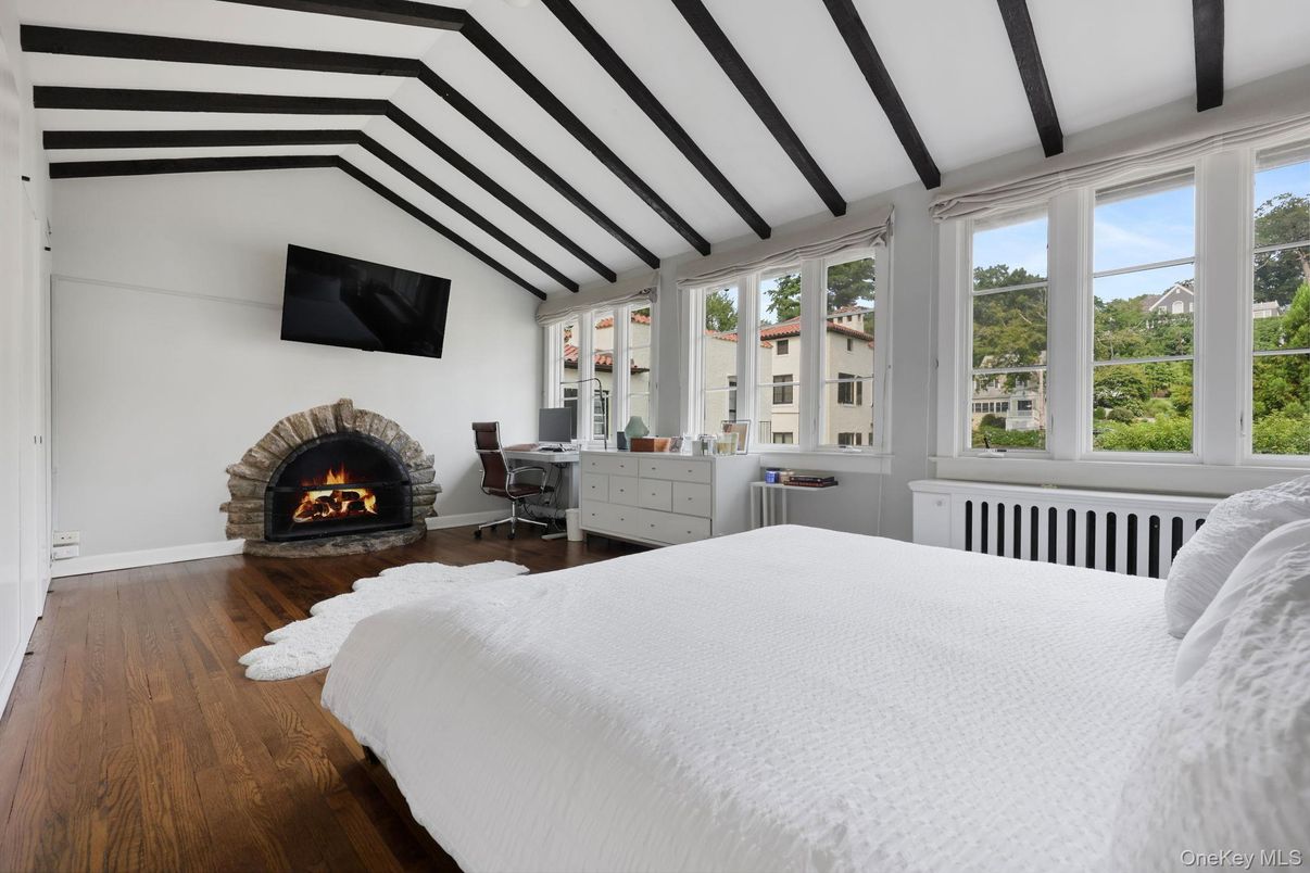 Bedroom, Fireplace, Home Office, Interior, Wooden Beams, Wood Texture Flooring