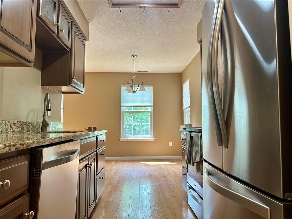 Interior, Kitchen, Pendant Lights, Stainless Steel Appliances, Wood Texture Flooring