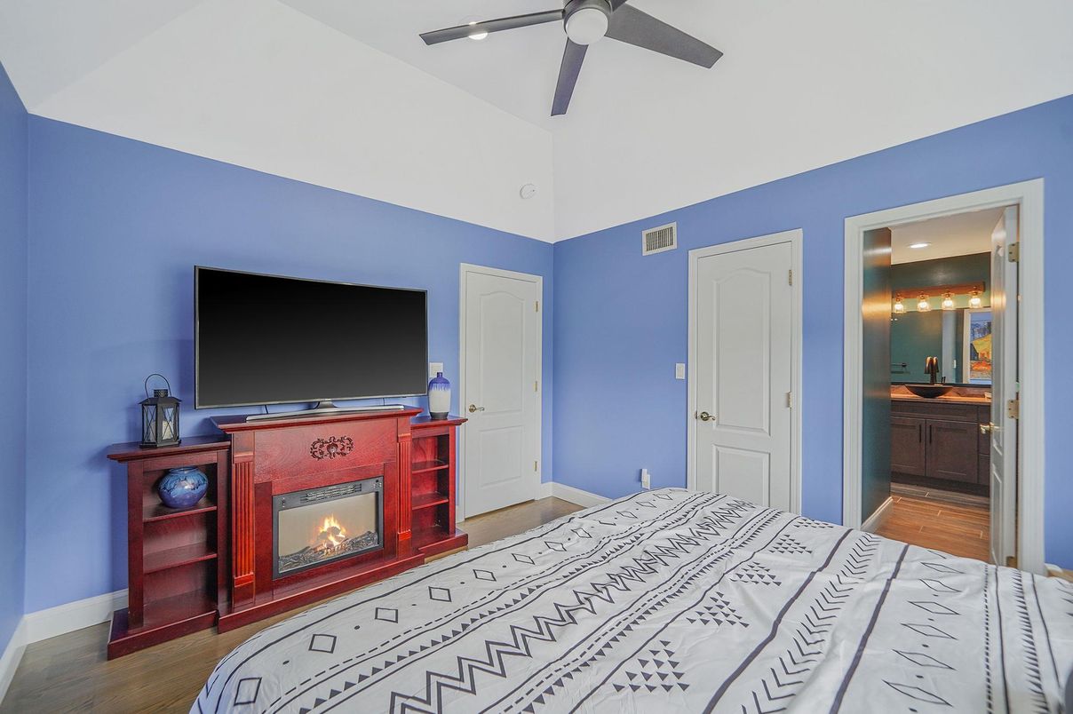 Bedroom, Fireplace, Interior, Wood Texture Flooring