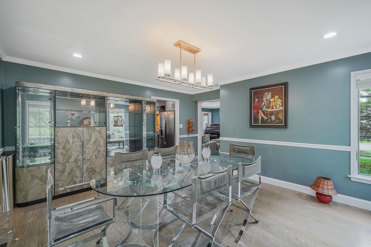 Dining room, Interior, Pendant Lights, Recessed Lighting, Wood Texture Flooring