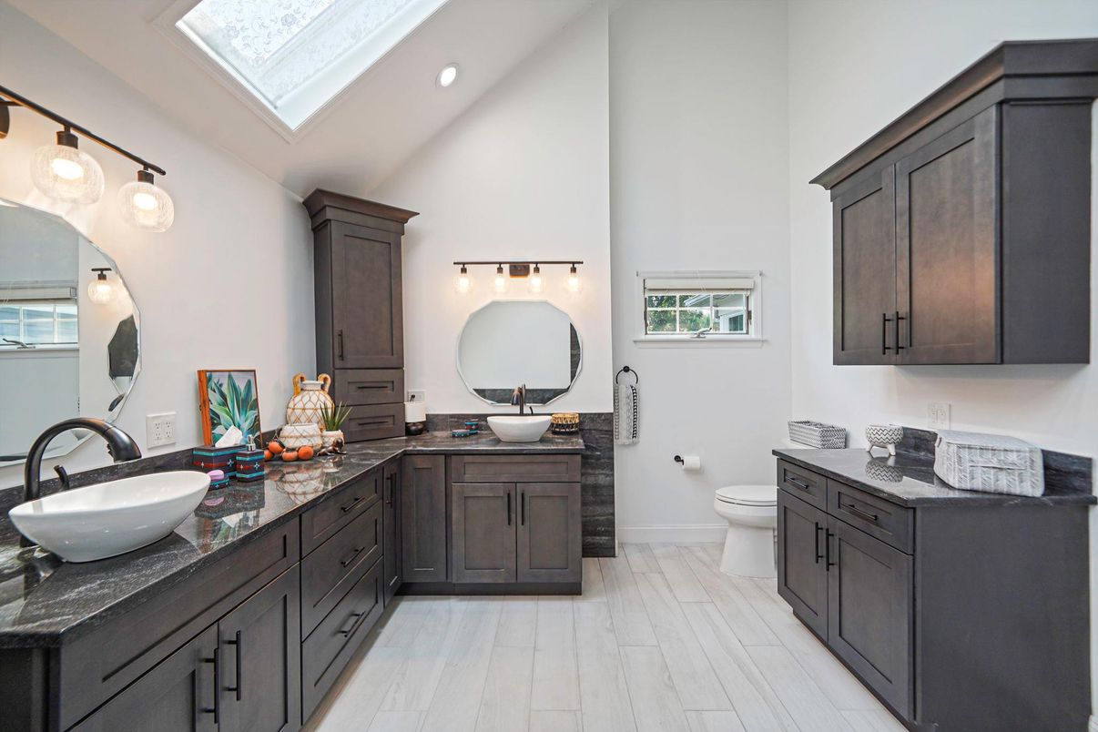 Bathroom, Dual Sink Vanities, Interior, Recessed Lighting, Wood Texture Flooring