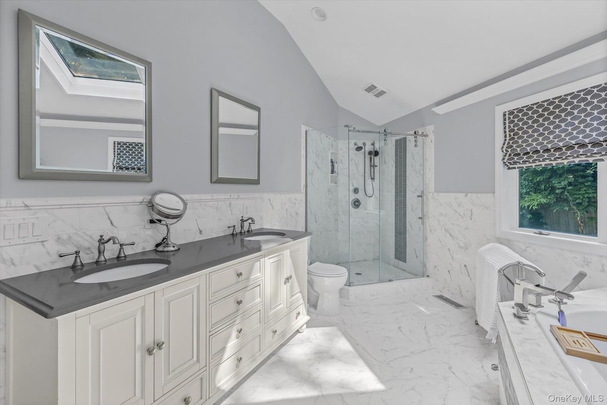 Bathroom, Dual Sink Vanities, Glass Shower, Interior, Marble, Marble Walls