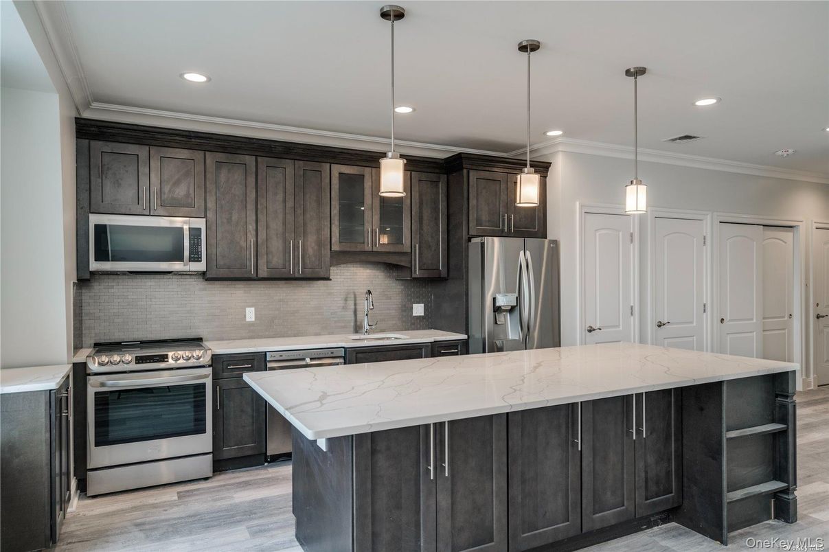 Interior, Kitchen, Pendant Lights, Recessed Lighting, Stainless Steel Appliances, Wood Texture Flooring
