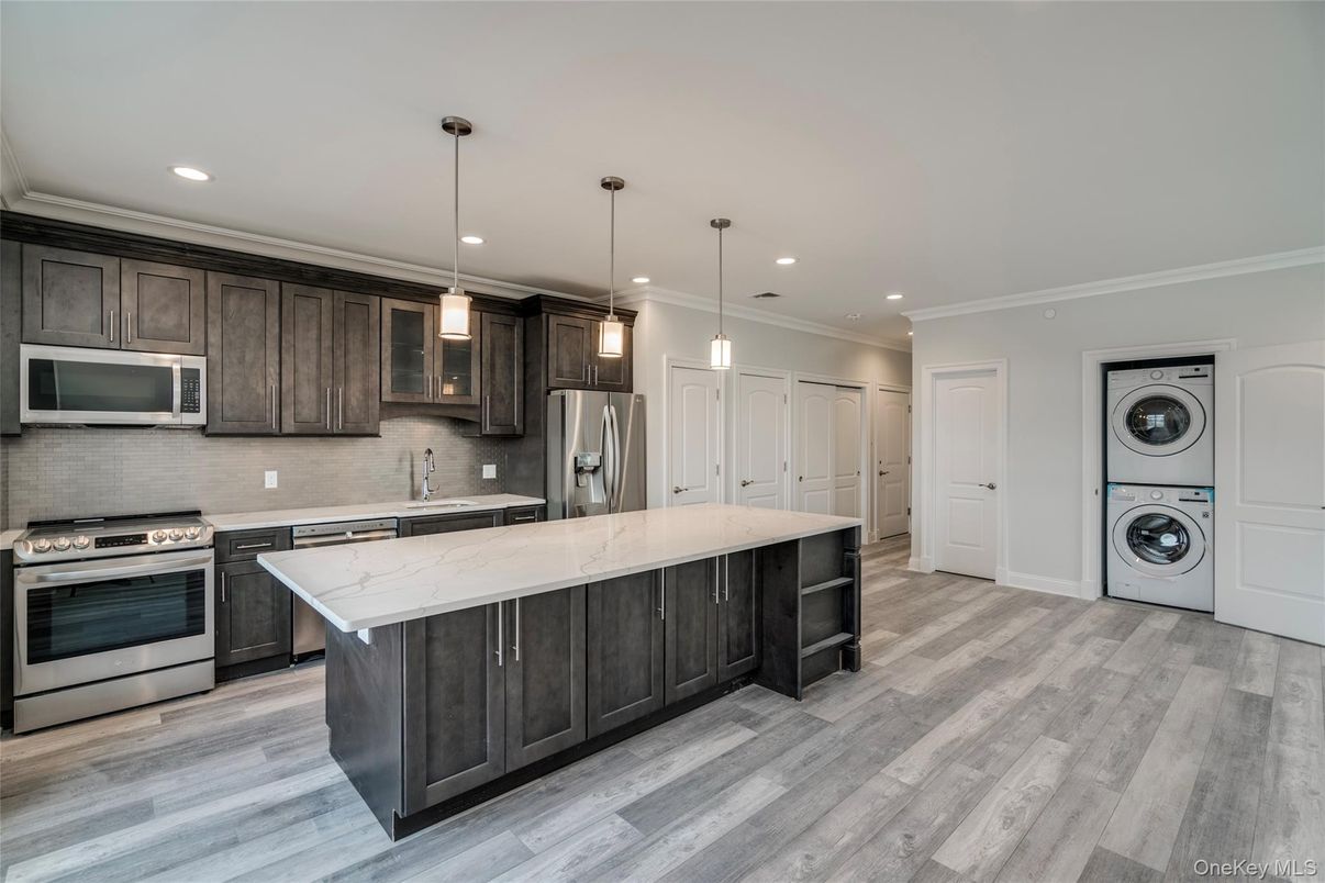 Interior, Kitchen, Pendant Lights, Recessed Lighting, Stainless Steel Appliances, Wood Texture Flooring