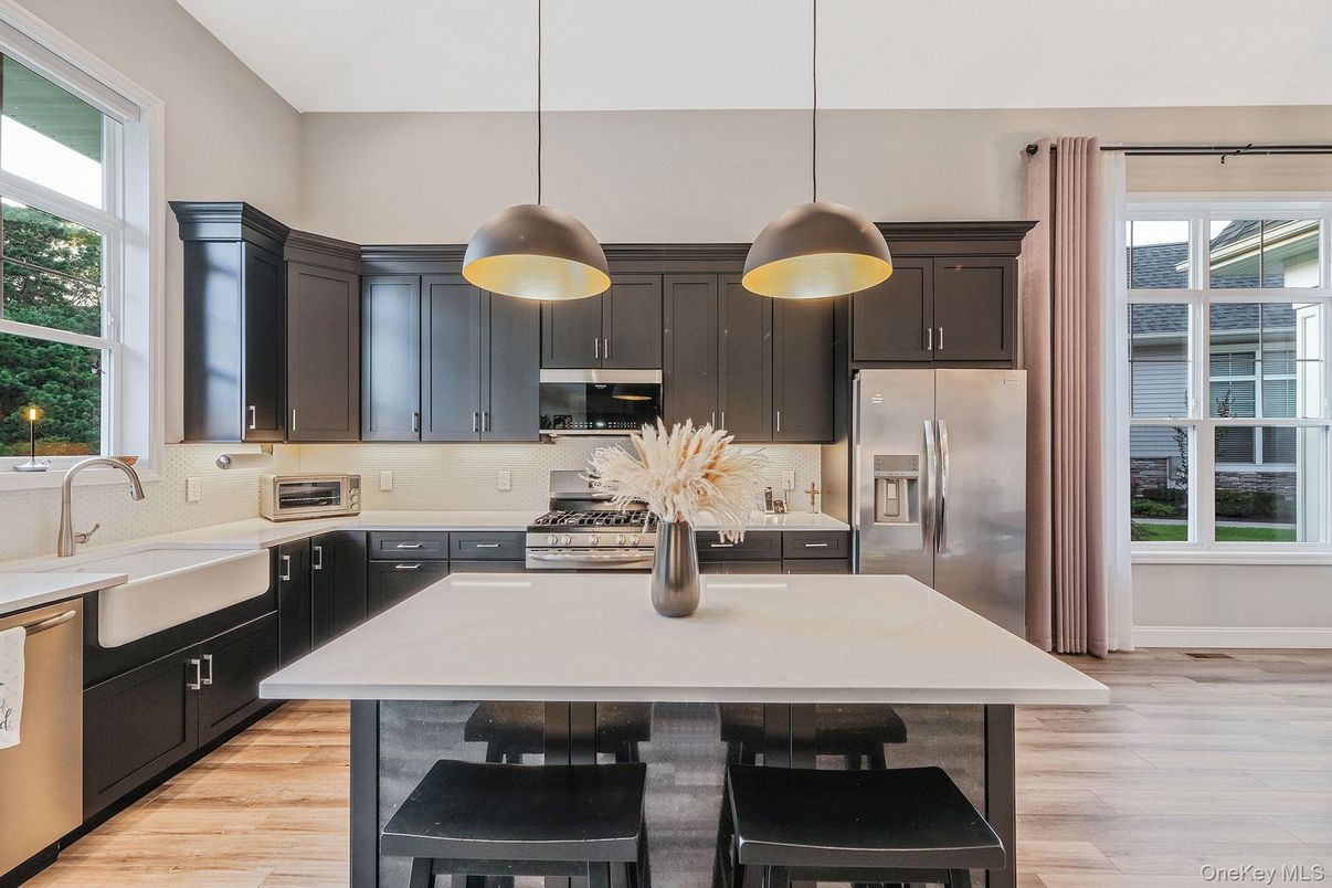 Interior, Kitchen, Pendant Lights, Stainless Steel Appliances, Wood Texture Flooring