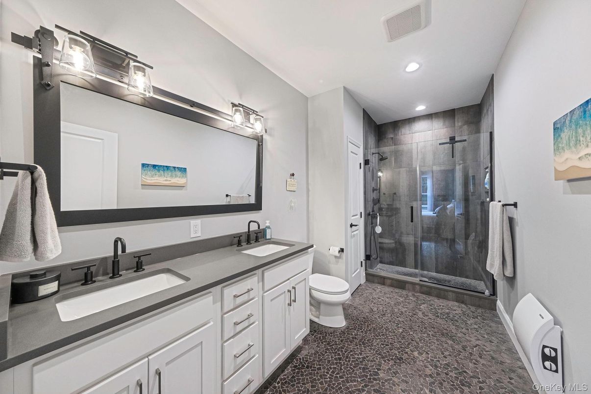 Bathroom, Dual Sink Vanities, Glass Shower, Interior, Recessed Lighting