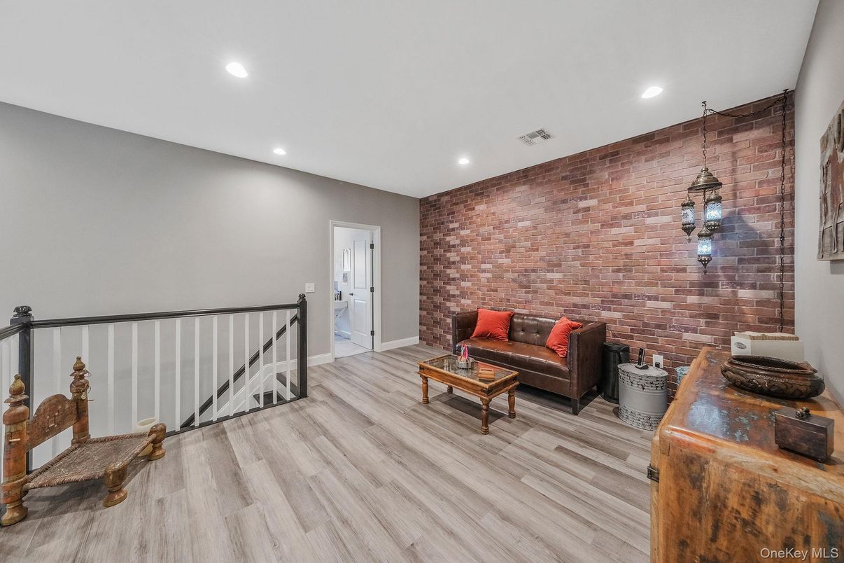 Interior, Recessed Lighting, Stone Walls, Wood Texture Flooring