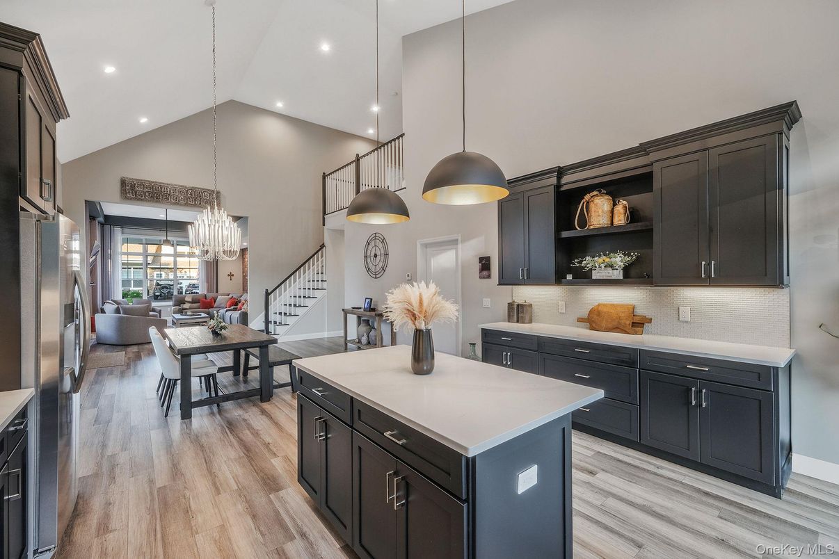 Chandelier, Dining room, Interior, Kitchen, Living room, Pendant Lights, Recessed Lighting, Wood Texture Flooring
