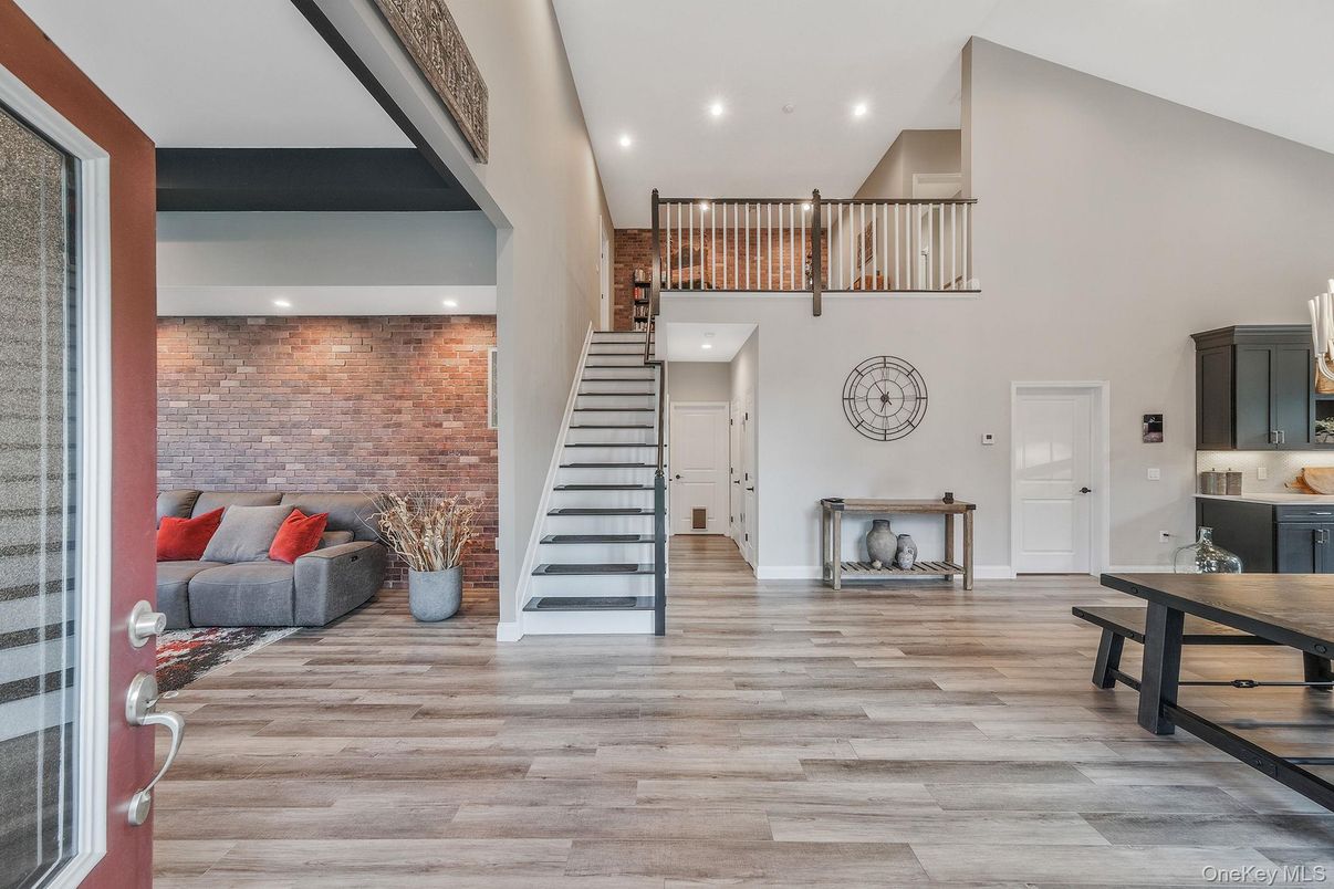 Interior, Recessed Lighting, Stone Walls, Wood Texture Flooring
