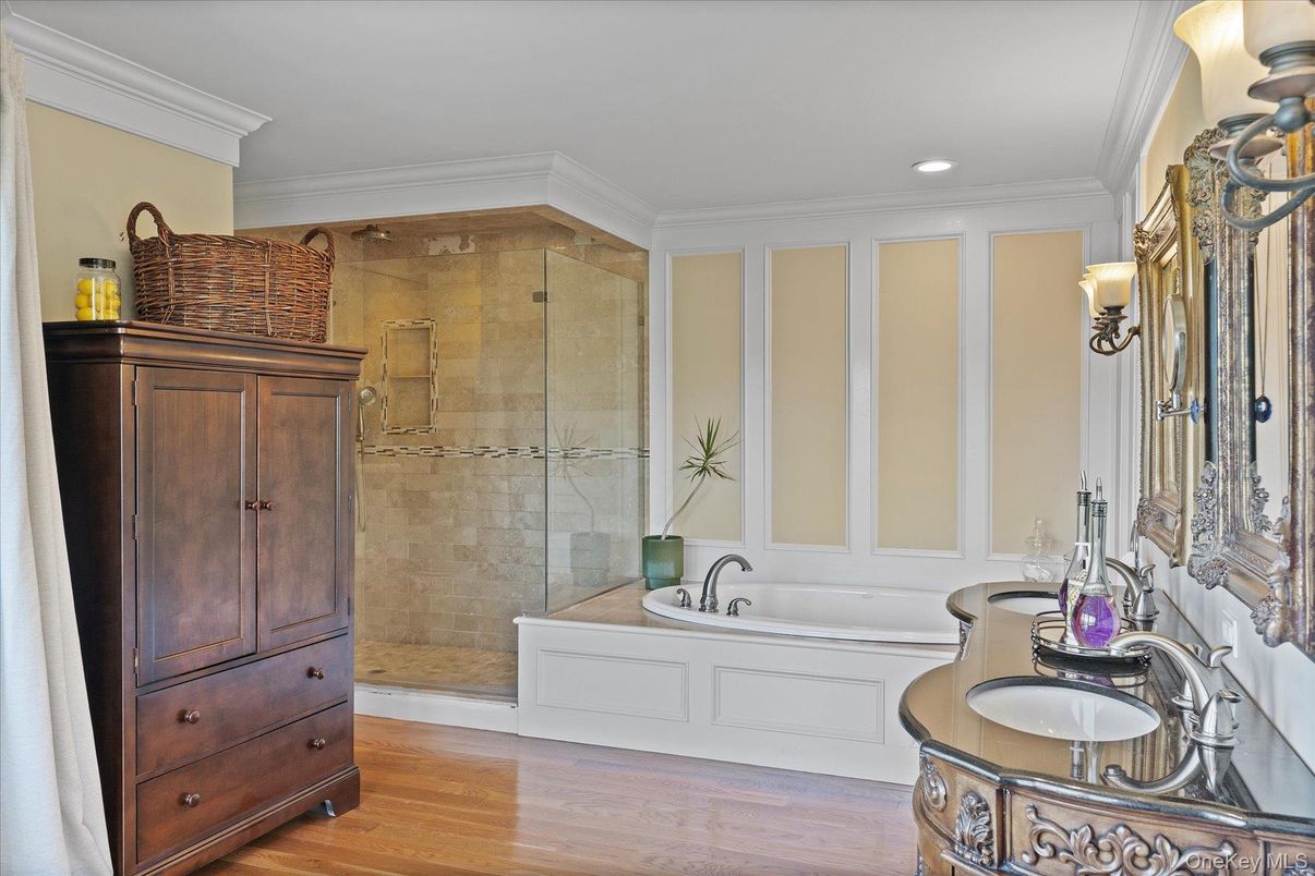 Bathroom, Glass Shower, Interior, Recessed Lighting, Wood Texture Flooring