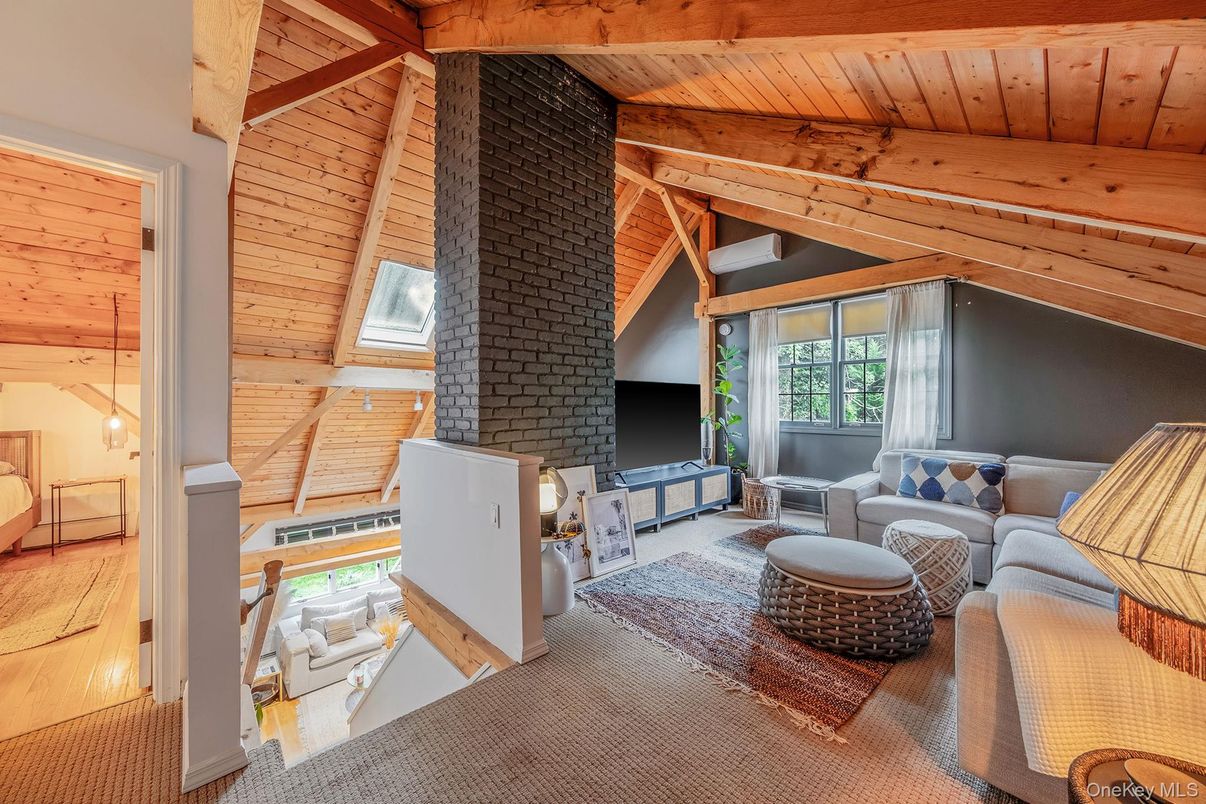Fireplace, Interior, Living room, Pendant Lights, Wooden Beams, Wooden Ceilings, Wood Texture Flooring, Wooden Walls