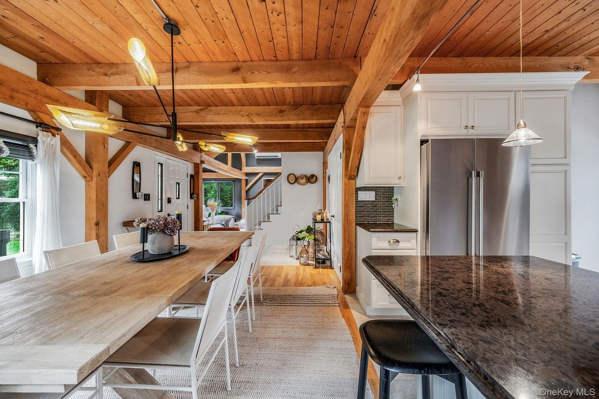 Dining room, Interior, Kitchen, Pendant Lights, Wooden Beams, Wooden Ceilings, Wood Texture Flooring