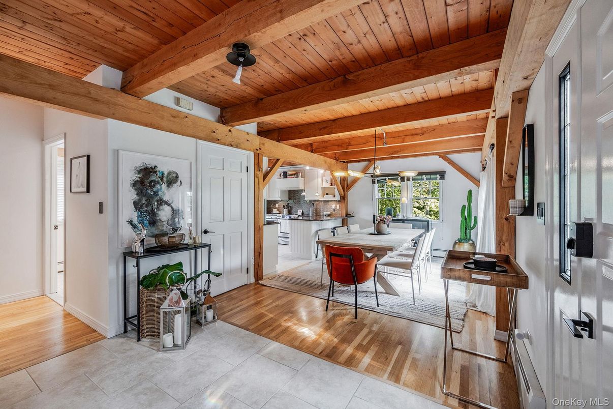 Dining room, Interior, Pendant Lights, Wooden Beams, Wooden Ceilings, Wood Texture Flooring