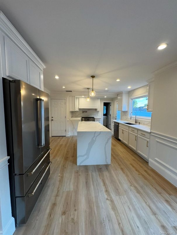 Interior, Kitchen, Pendant Lights, Recessed Lighting, Stainless Steel Appliances, Wood Texture Flooring