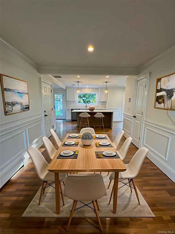 Dining room, Interior, Pendant Lights, Recessed Lighting, Wood Texture Flooring