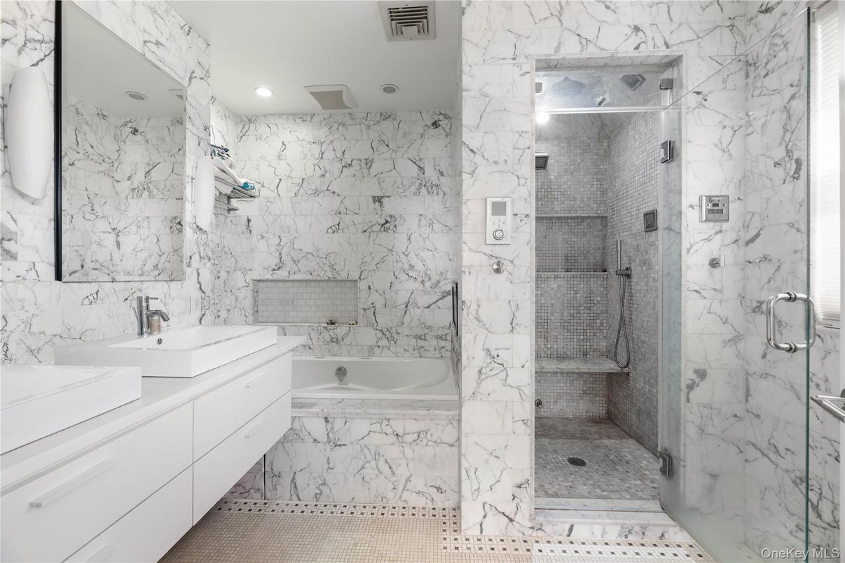 Bathroom, Glass Shower, Interior, Marble, Marble Walls, Recessed Lighting