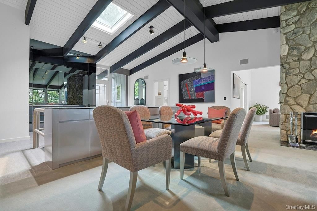 Dining room, Fireplace, Interior, Pendant Lights, Stone Walls, Wooden Beams