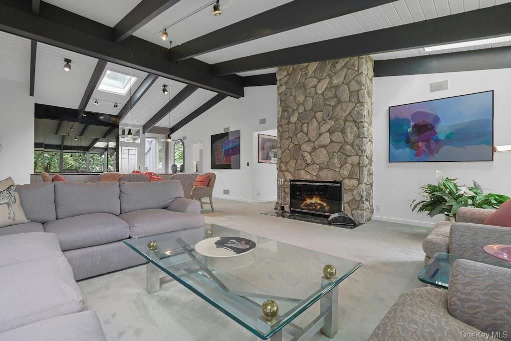 Dining room, Fireplace, Interior, Living room, Stone Walls, Wooden Beams