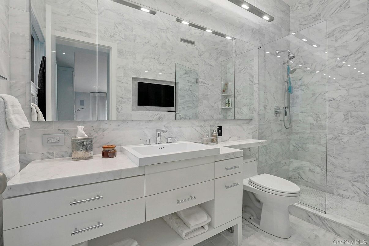 Bathroom, Glass Shower, Interior, Marble, Marble Walls, Recessed Lighting
