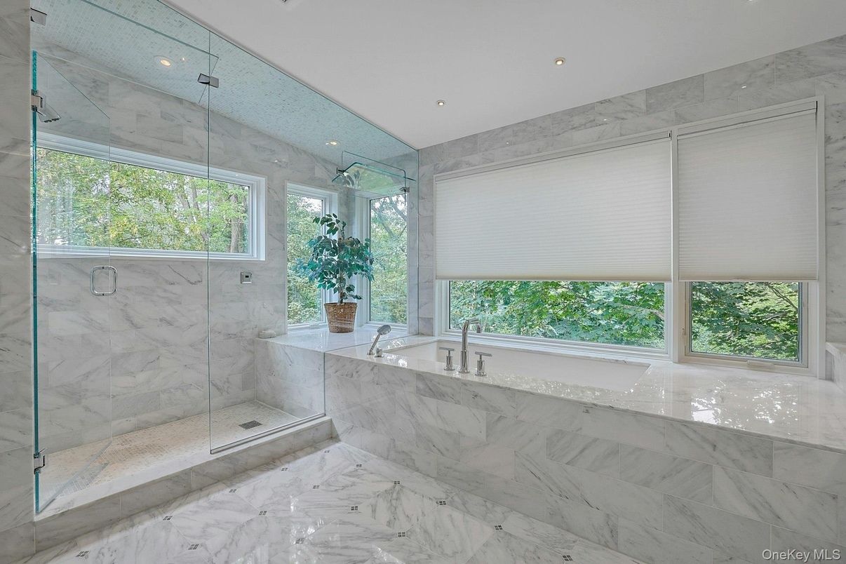 Bathroom, Glass Shower, Interior, Marble, Marble Walls, Recessed Lighting