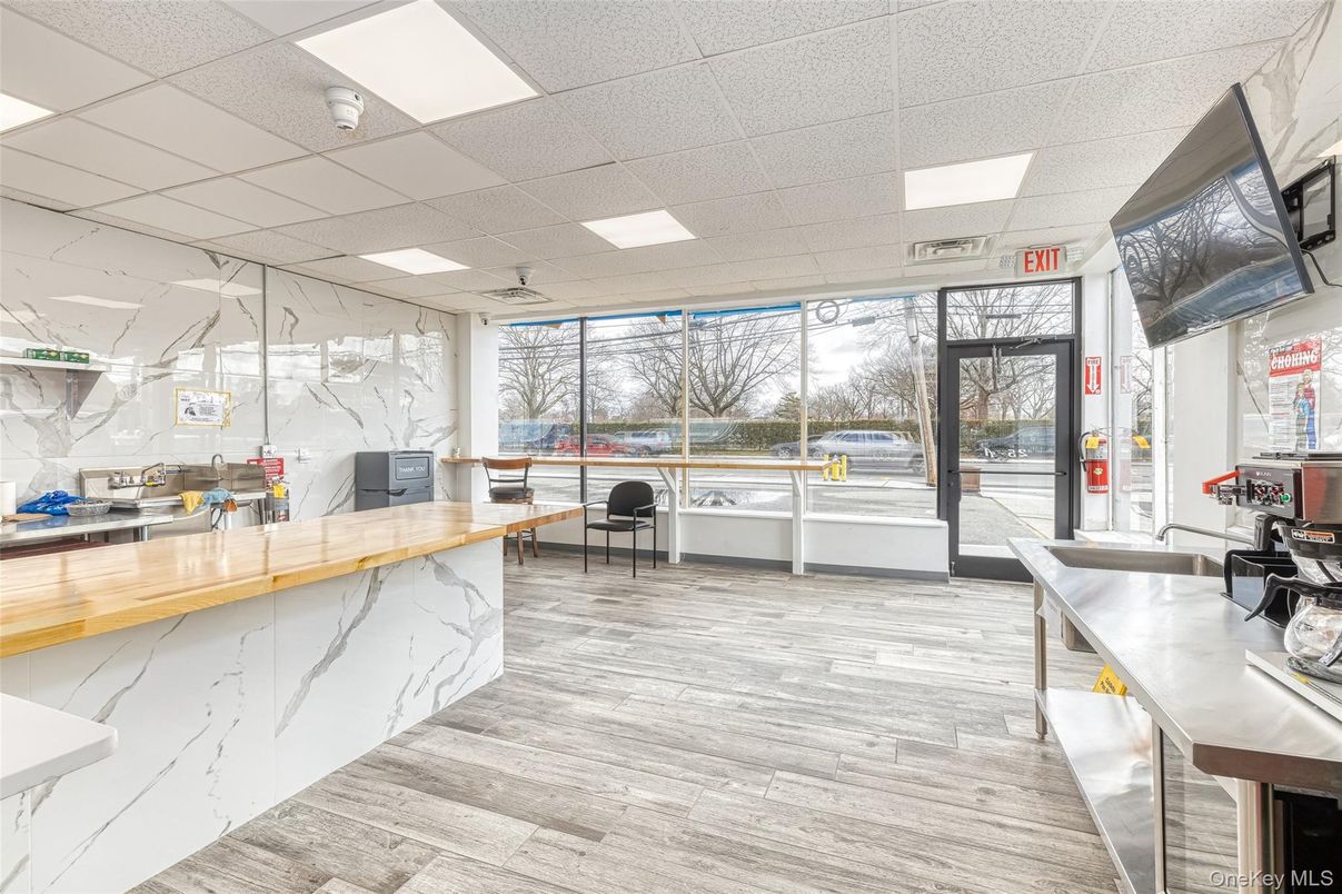 Interior, Kitchen, Marble Walls, Recessed Lighting, Wood Texture Flooring