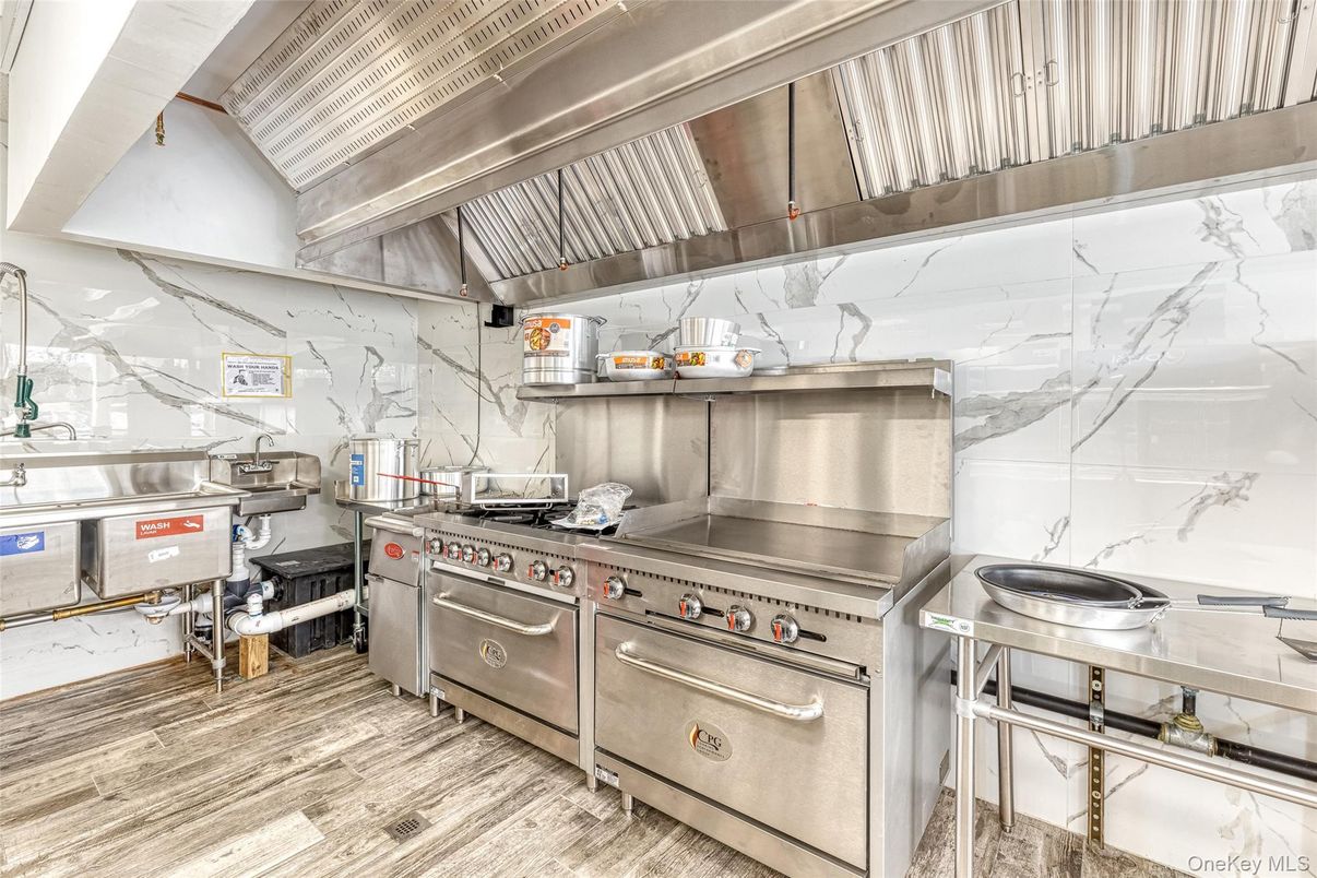Interior, Kitchen, Marble Walls, Stainless Steel Appliances, Wood Texture Flooring