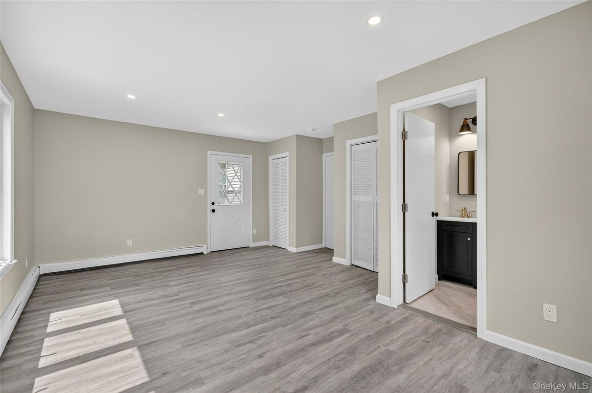 Bathroom, Empty room, Interior, Recessed Lighting, Wood Texture Flooring