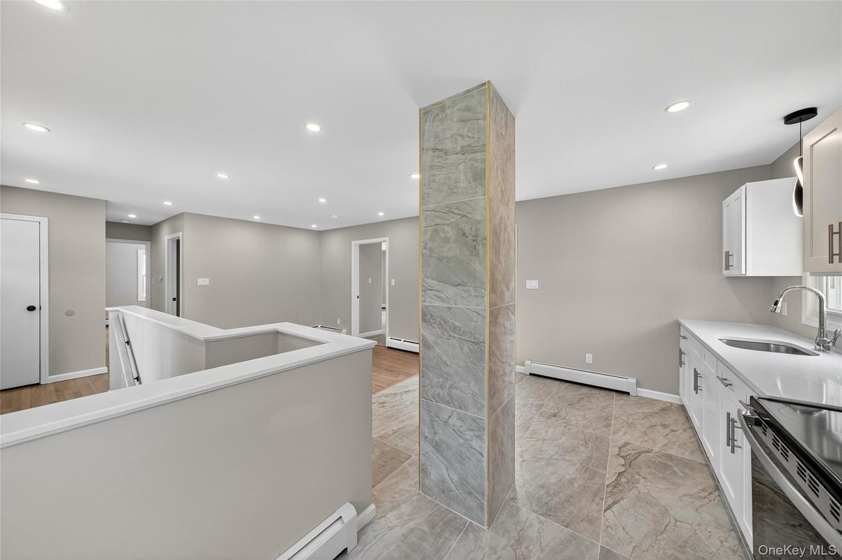 Interior, Kitchen, Marble Walls, Recessed Lighting, Wood Texture Flooring