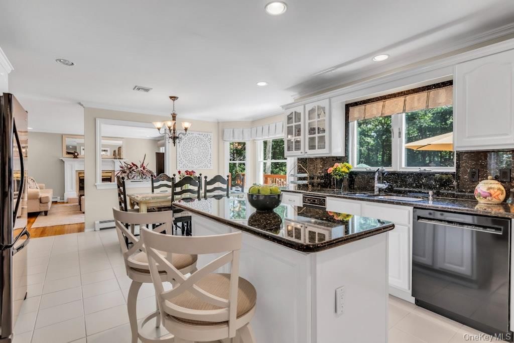 Chandelier, Dining room, Fireplace, Interior, Kitchen, Living room, Recessed Lighting