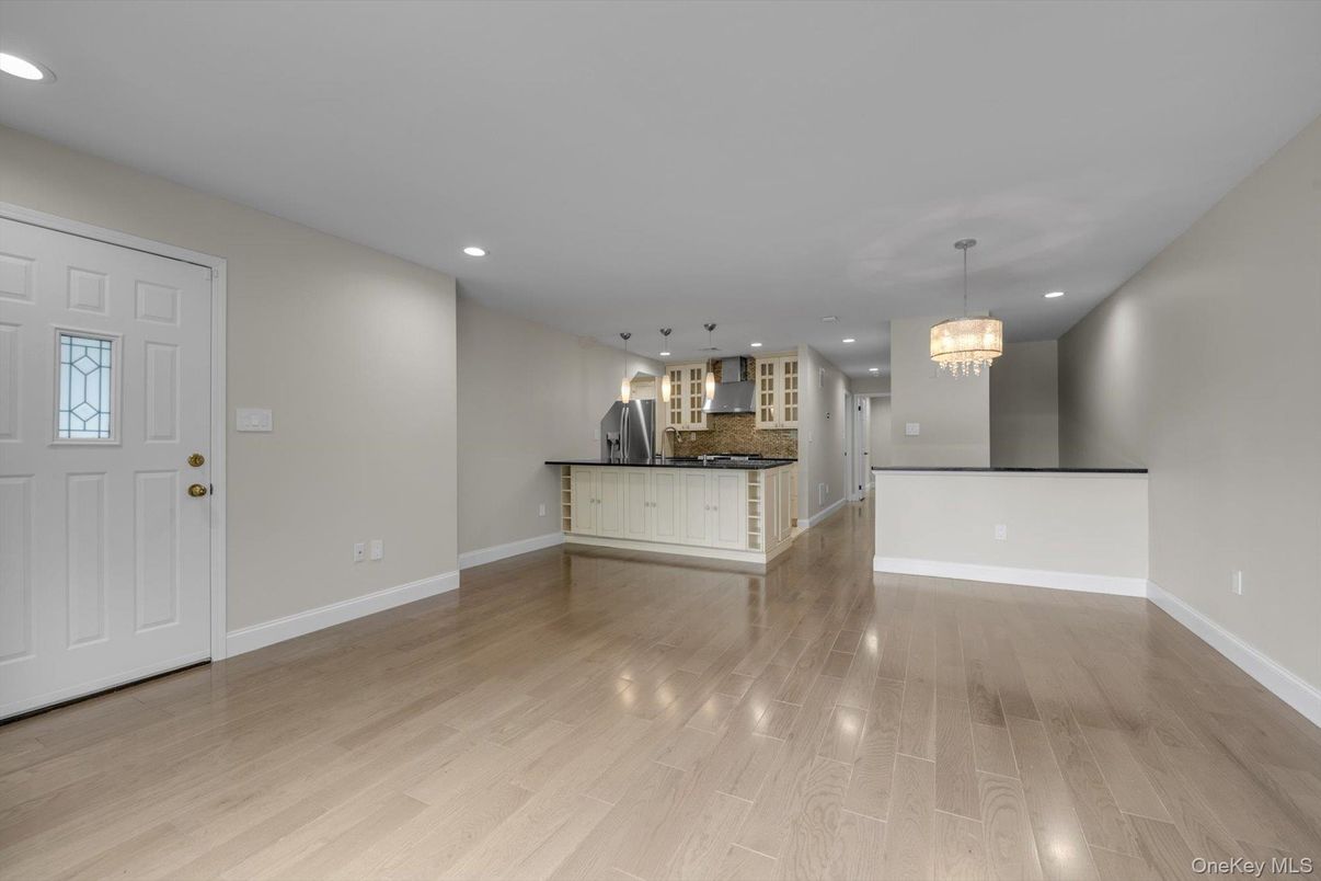 Chandelier, Empty room, Interior, Kitchen, Recessed Lighting, Wood Texture Flooring