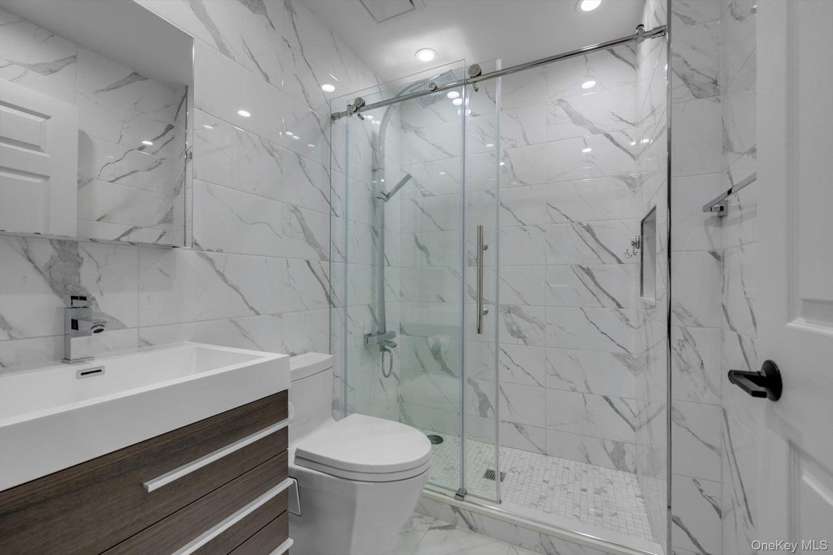Bathroom, Glass Shower, Interior, Marble, Marble Walls, Recessed Lighting