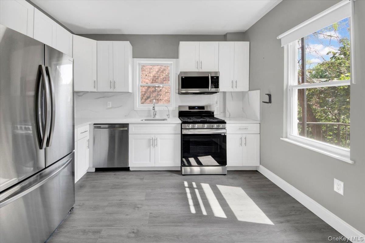 Interior, Kitchen, Marble Walls, Stainless Steel Appliances, Wood Texture Flooring