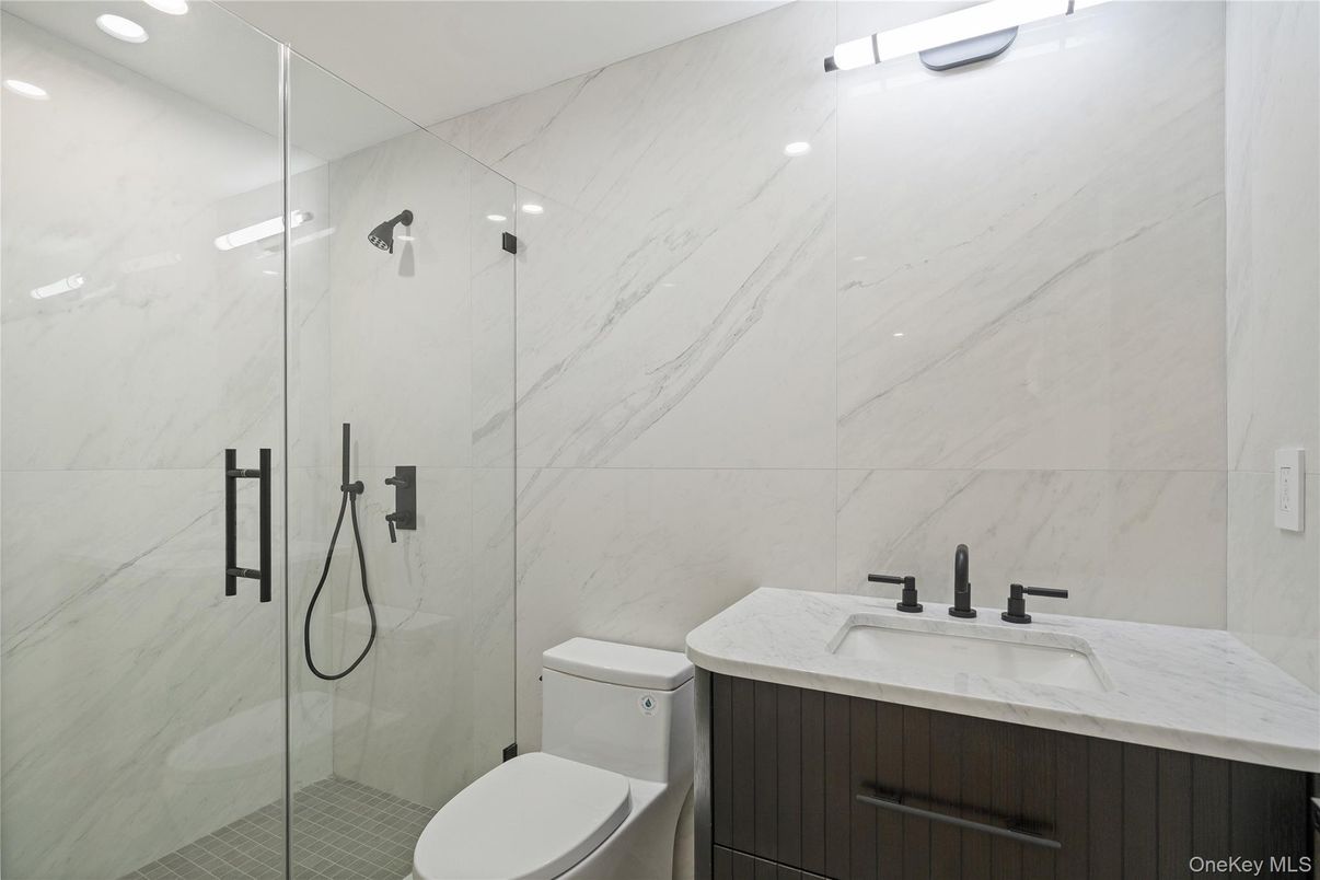 Bathroom, Glass Shower, Interior, Marble Walls, Recessed Lighting