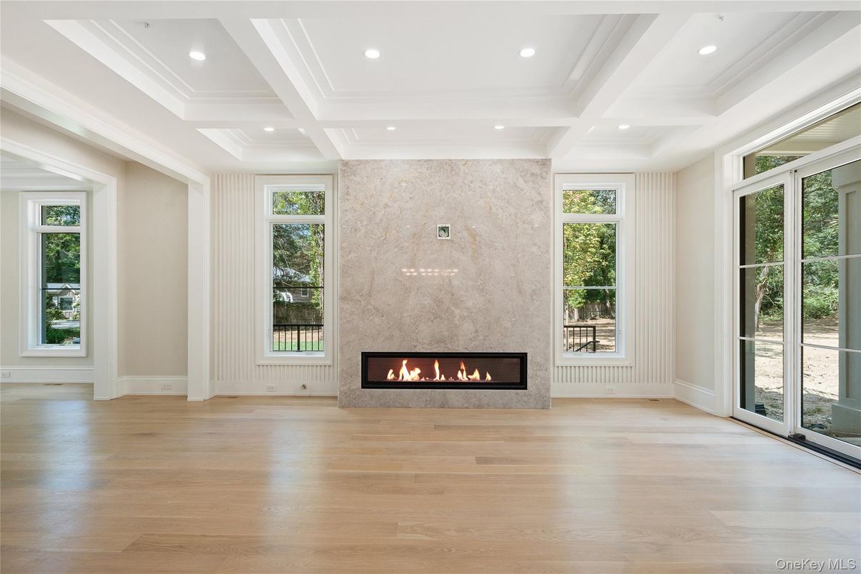 Empty room, Fireplace, Interior, Recessed Lighting, Wood Texture Flooring