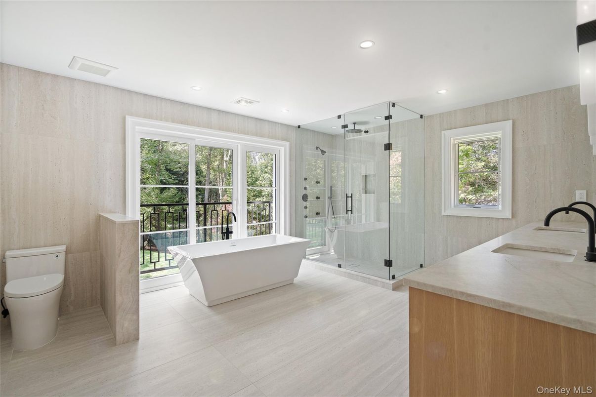 Bathroom, Free Standing Baths, Glass Shower, Interior, Recessed Lighting