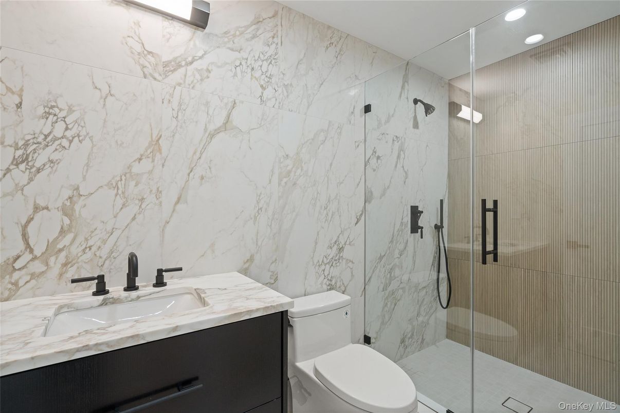 Bathroom, Glass Shower, Interior, Marble Walls, Recessed Lighting
