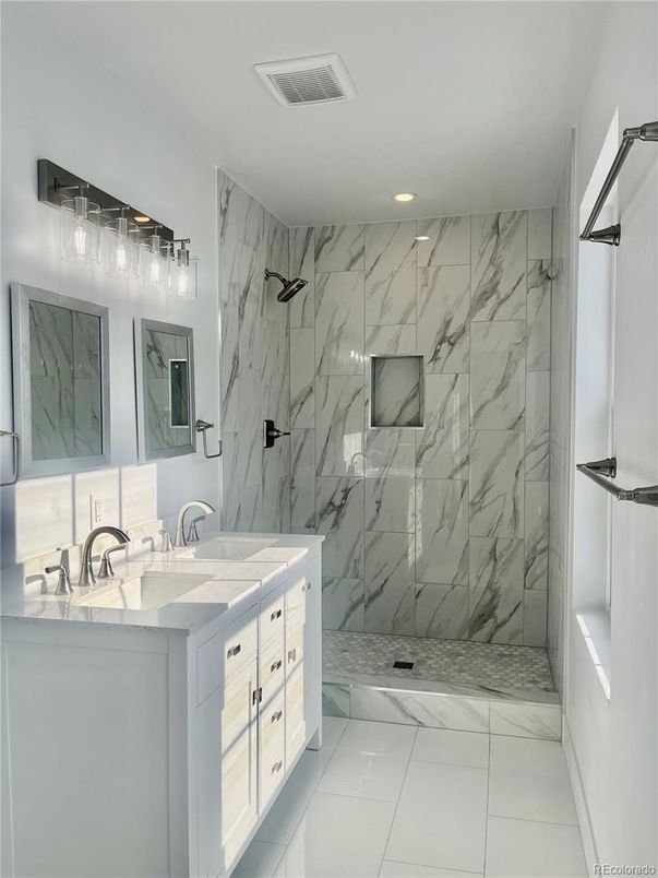 Bathroom, Dual Sink Vanities, Interior, Marble, Marble Walls, Recessed Lighting