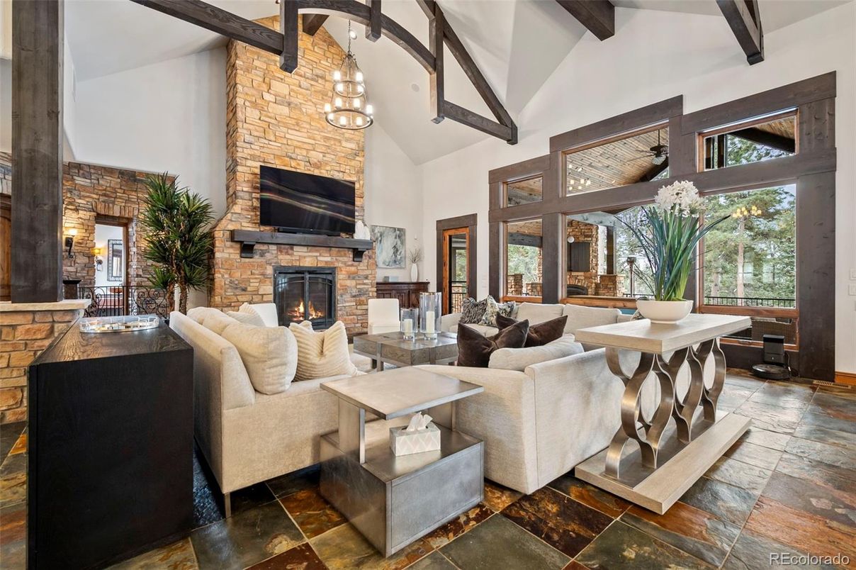 Fireplace, Interior, Living room, Pendant Lights, Stone Walls, Wooden Beams
