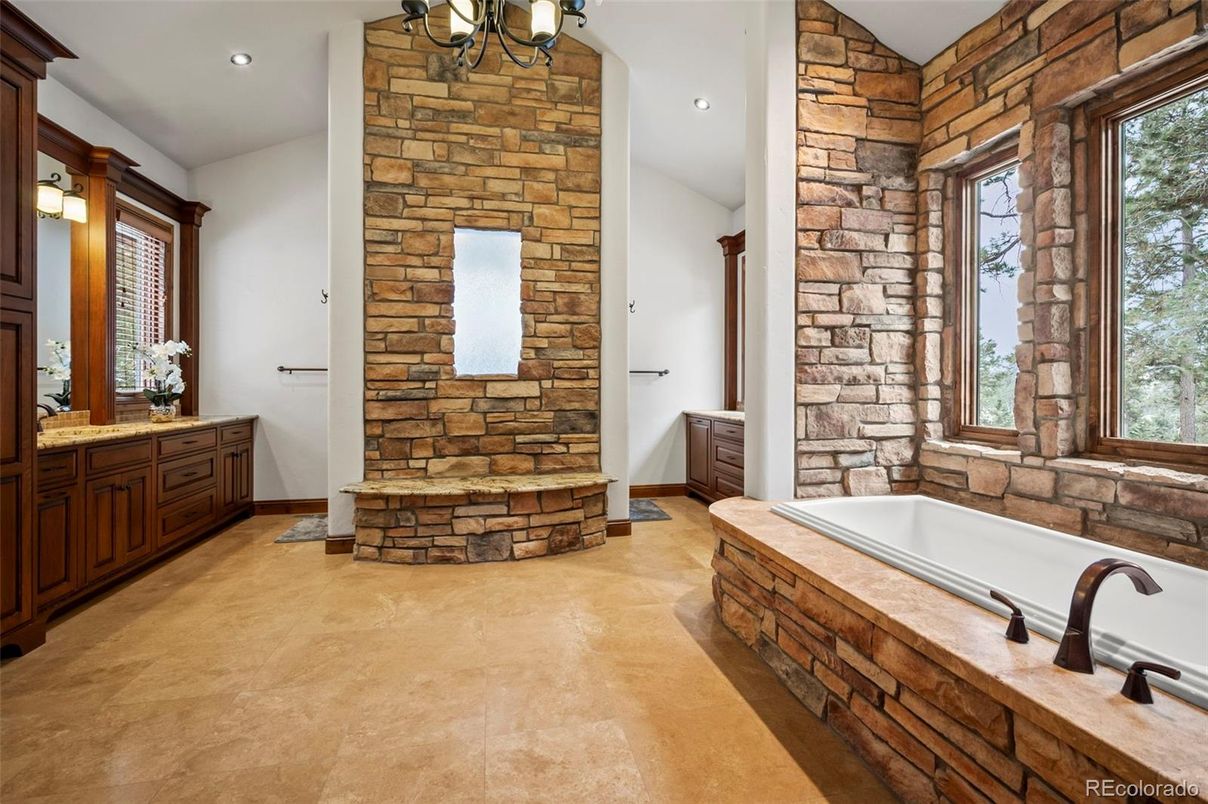 Bathroom, Interior, Recessed Lighting, Stone Walls