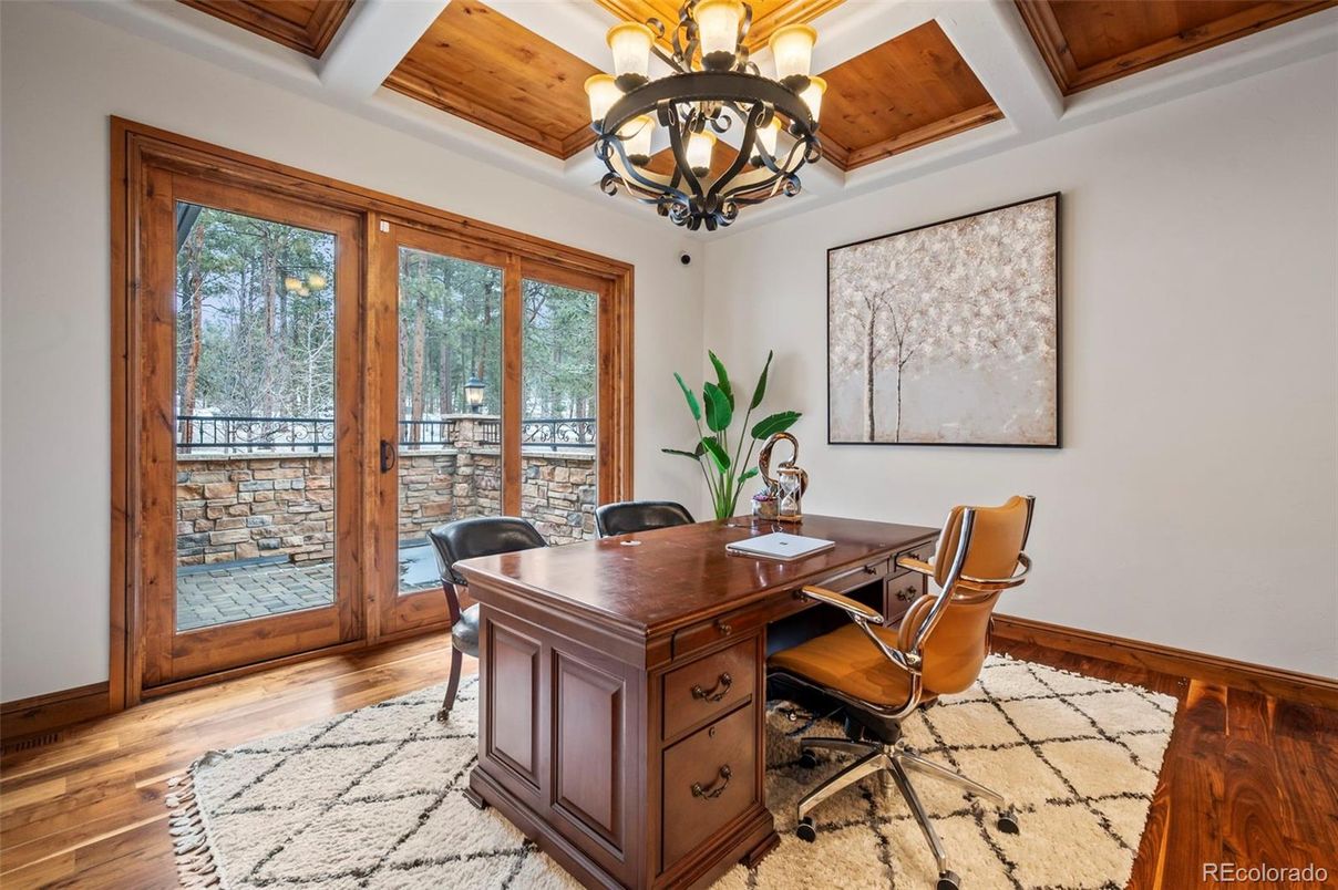 Chandelier, Home Office, Interior, Wooden Beams, Wooden Ceilings, Wood Texture Flooring